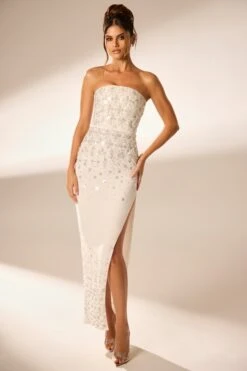 Hand Embellished Bandeau Maxi Dress In Ivory