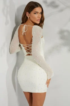 Long Sleeve Embellished Corset Mini Dress In Ivory
