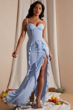 Corset Frill Skirt Maxi Dress In Blue