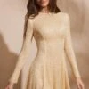 Embellished Long Sleeve Backless Mini Dress In Gold