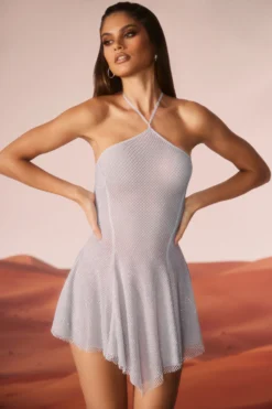 Embellished Lace Up Back Mini Dress In Silver