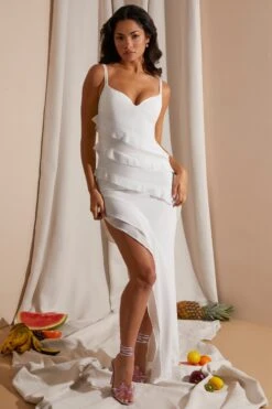 Asymmetric Multi Strap Ruffle Detail Maxi Dress In White