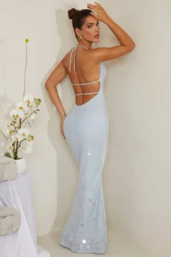 Cowl Neck Embellished Satin Maxi Dress In Blue