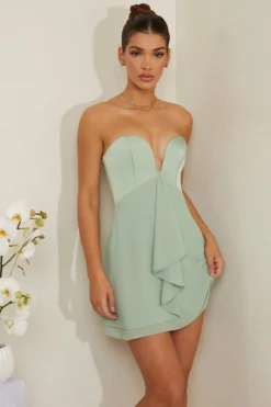 Strapless Plunge Neck Corset Mini Dress In Sage
