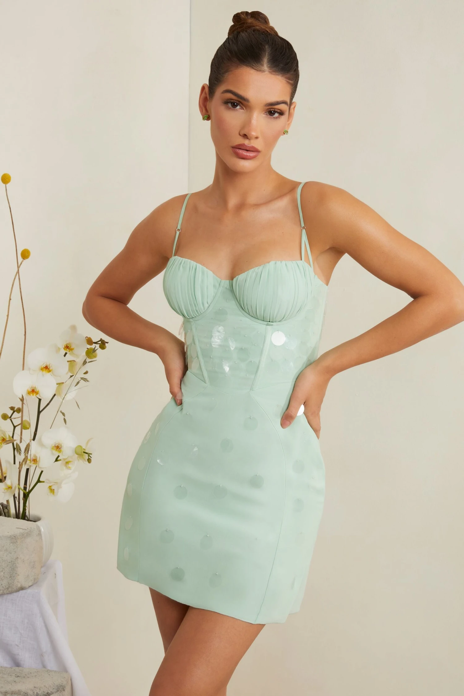 Embellished Corset Mini Dress In Sage - Image 7