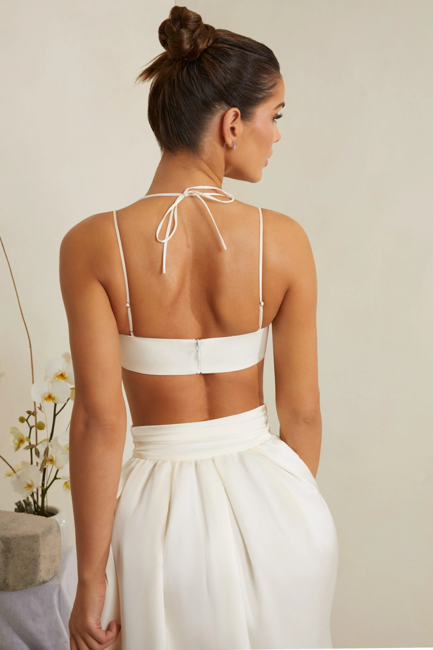 Cowl Neck Heavy Satin Crop Top In White - Image 2
