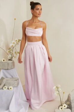 Pleated Heavy Satin Maxi Skirt In Pink