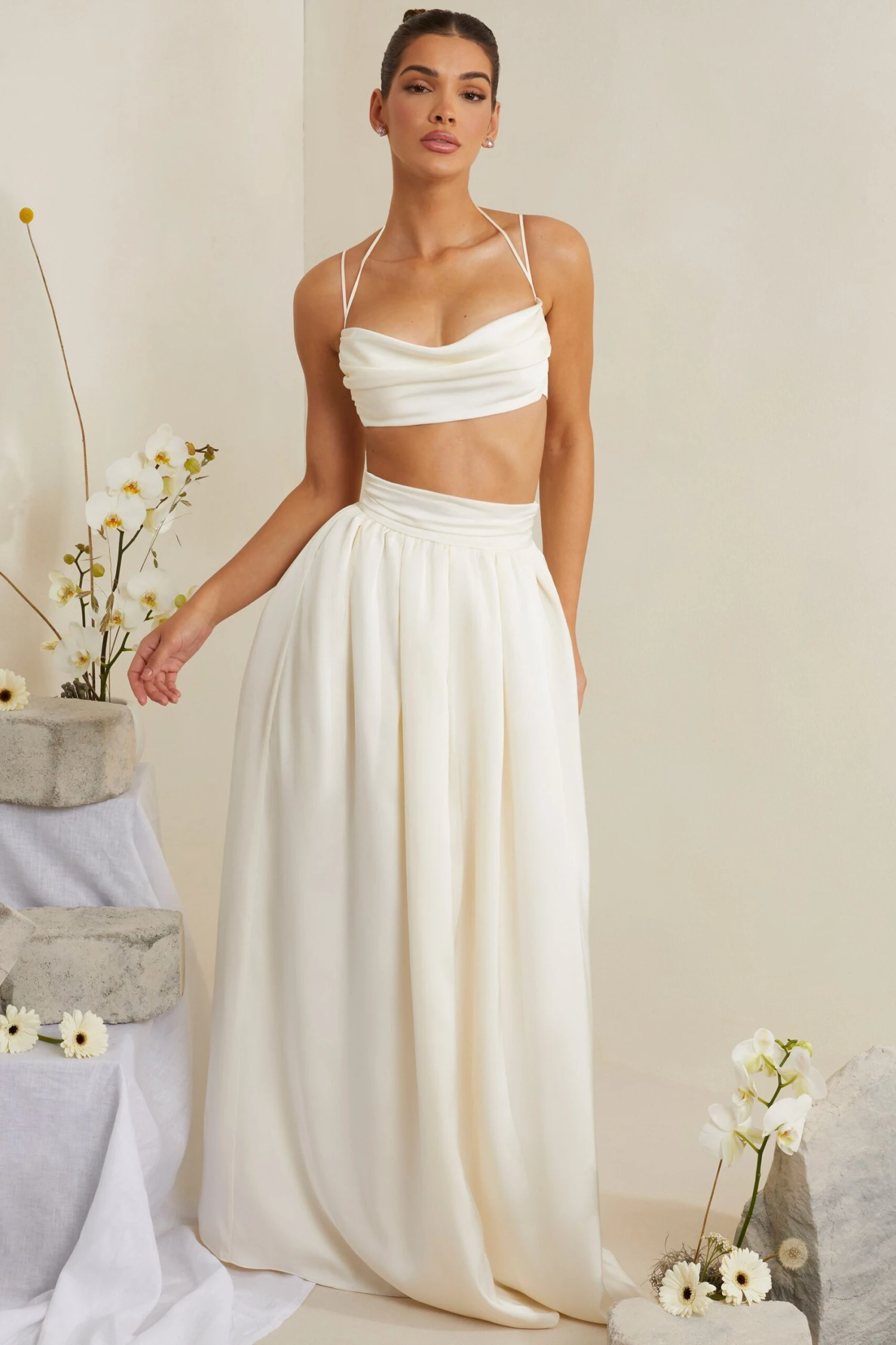 Cowl Neck Heavy Satin Crop Top In White - Image 5