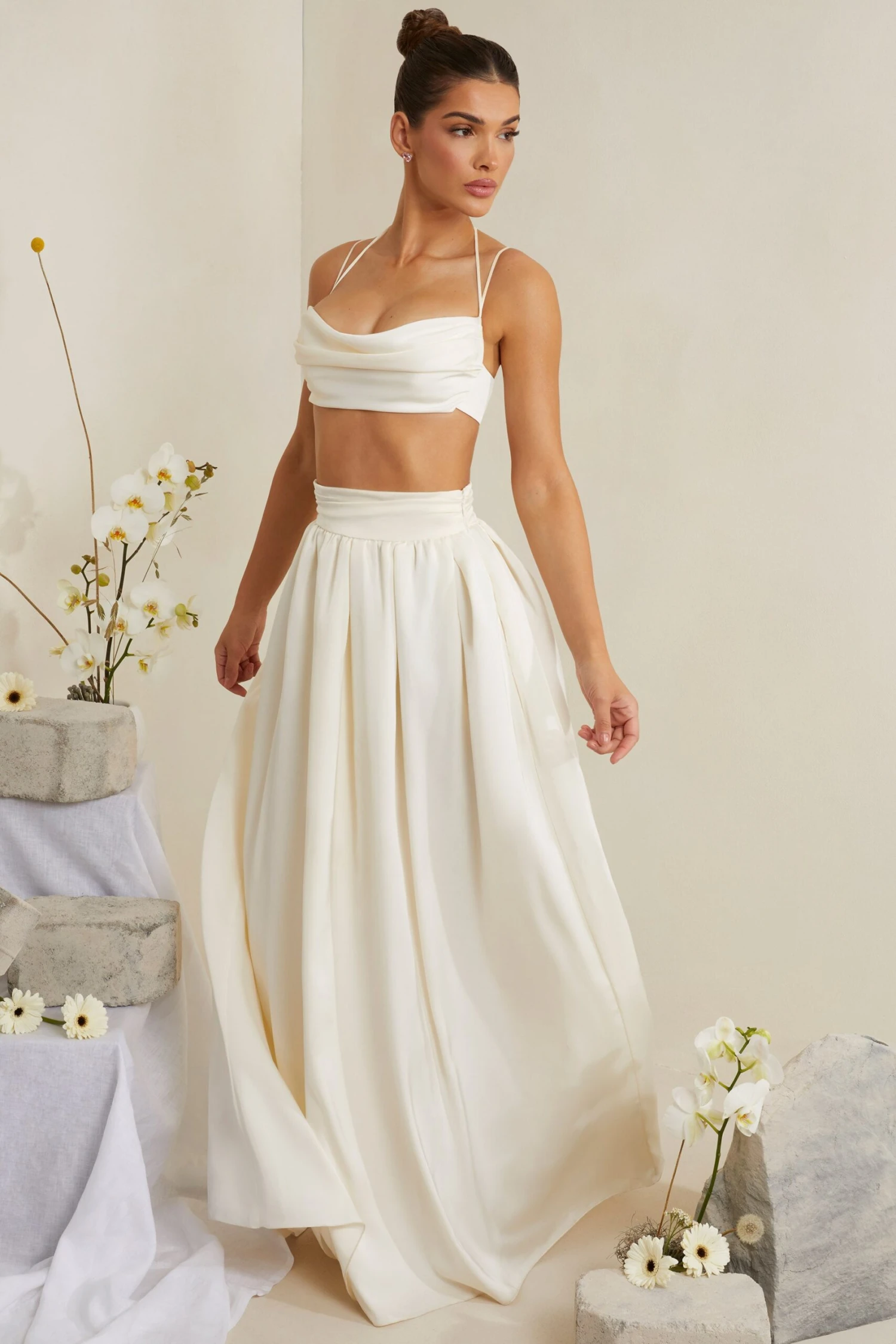 Cowl Neck Heavy Satin Crop Top In White - Image 6