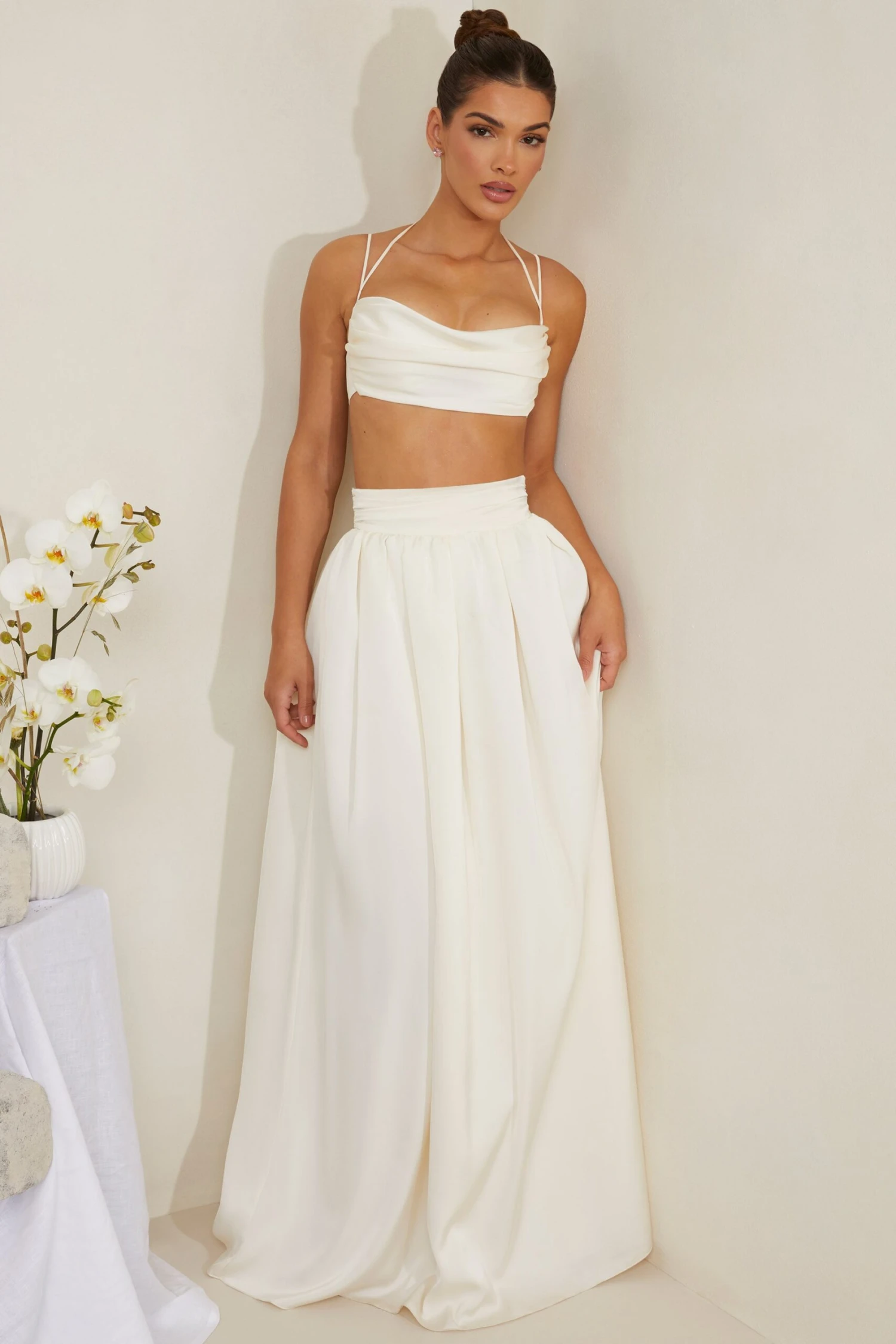 Cowl Neck Heavy Satin Crop Top In White - Image 8
