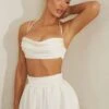 Cowl Neck Heavy Satin Crop Top In White