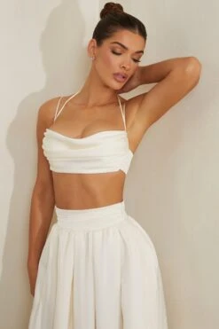 Cowl Neck Heavy Satin Crop Top In White