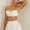 Cowl Neck Heavy Satin Crop Top In White
