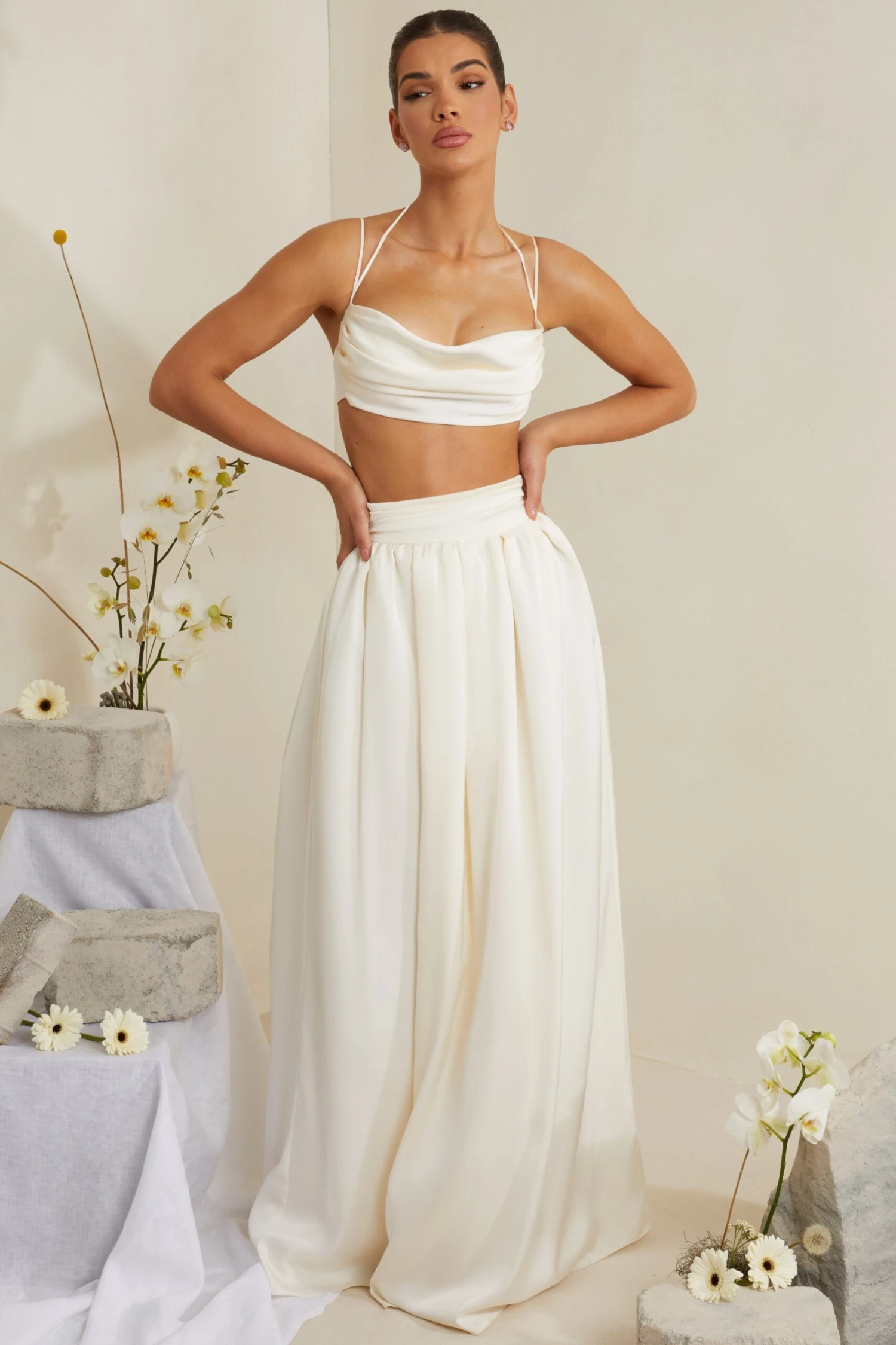 Cowl Neck Heavy Satin Crop Top In White - Image 11