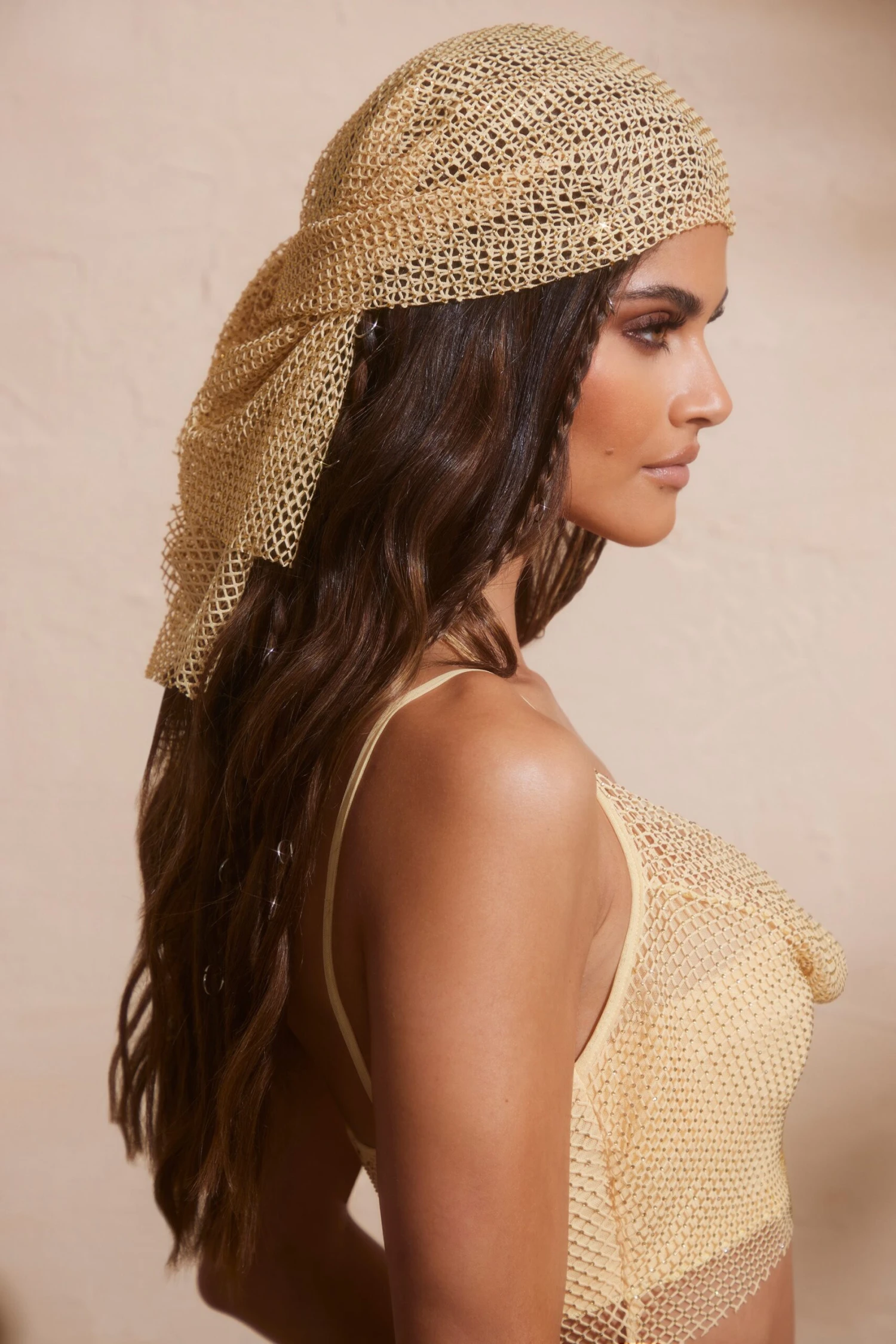 Embellished Fishnet Headscarf In Gold - Image 3