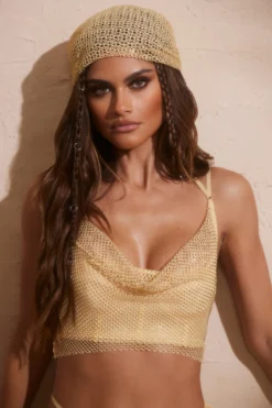 Embellished Fishnet Headscarf In Gold