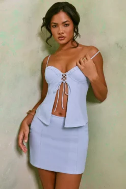 Mid Rise Linen Mini Skirt In Sky Grey