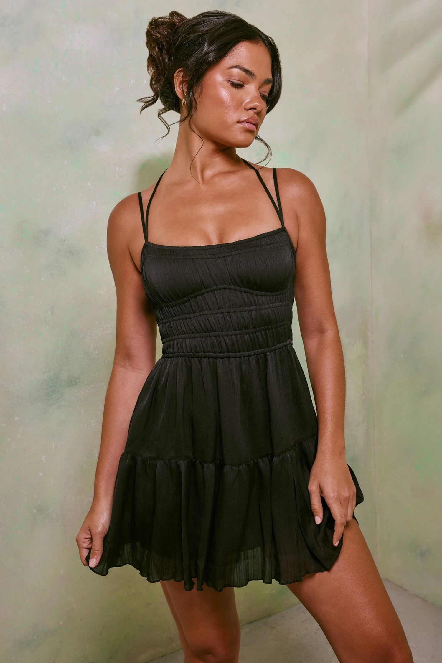 Shirred Bodice A-Line Mini Dress In Black - Image 7
