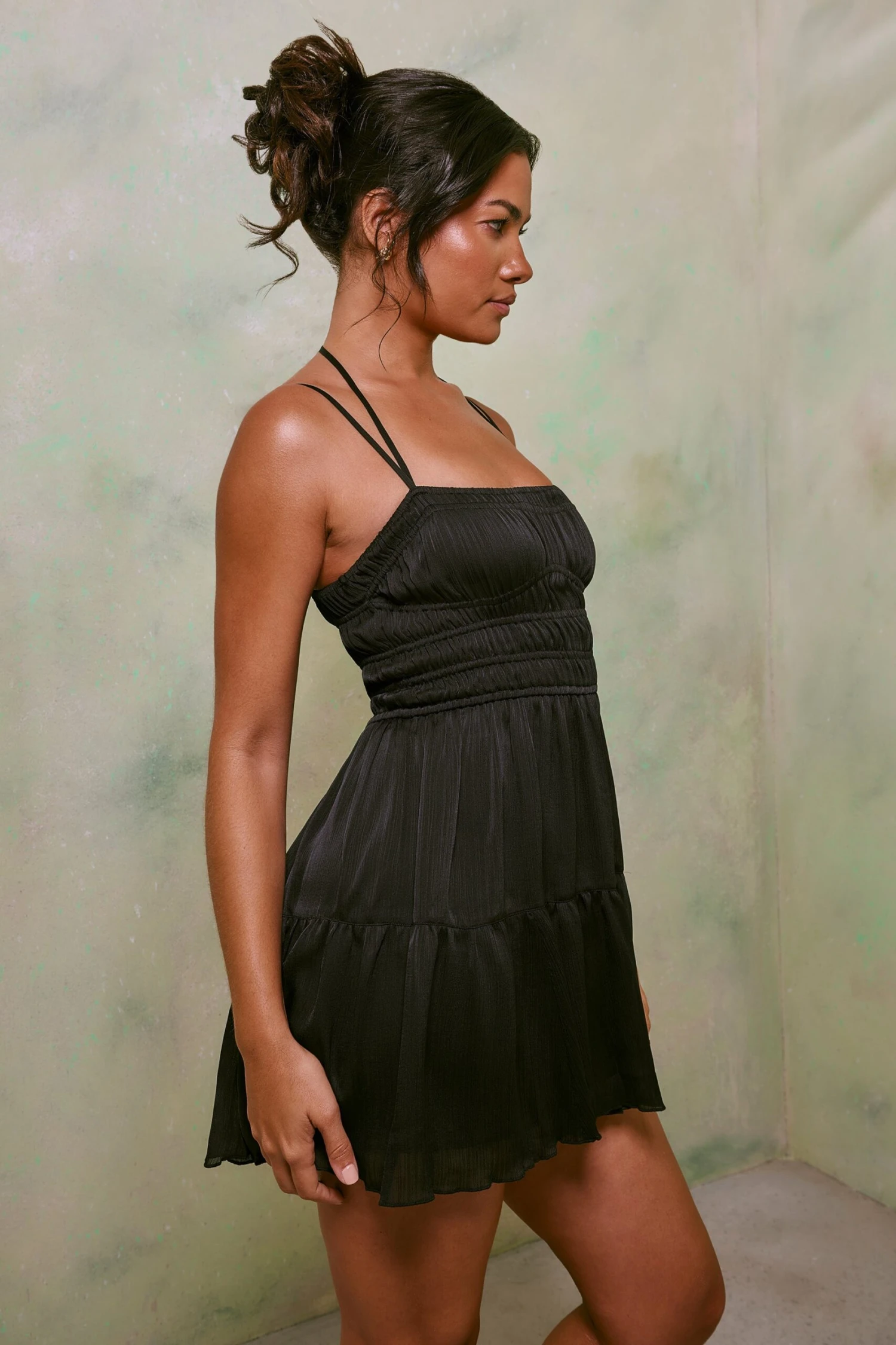 Shirred Bodice A-Line Mini Dress In Black - Image 3