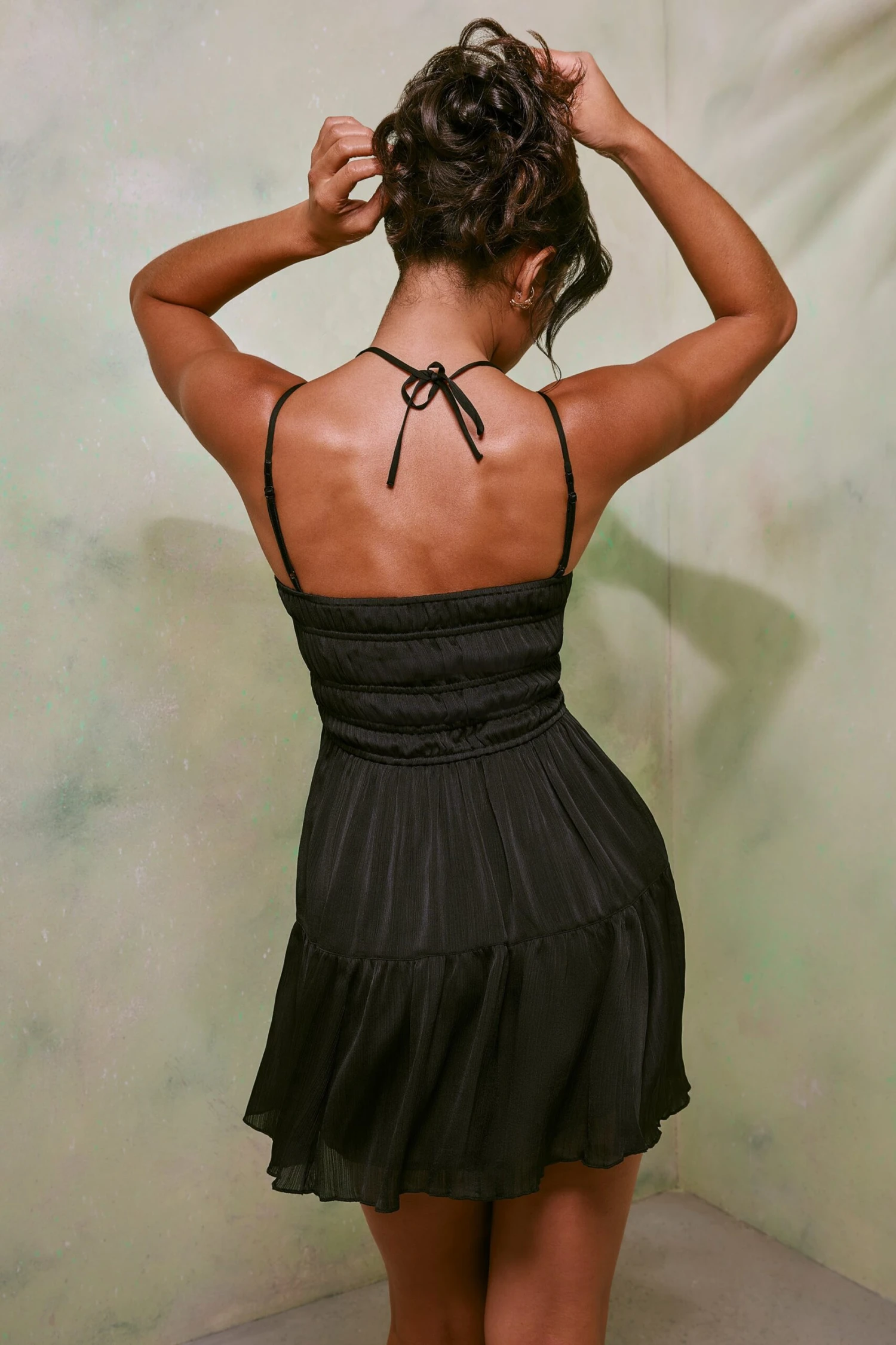 Shirred Bodice A-Line Mini Dress In Black - Image 2