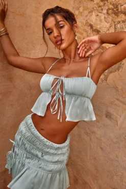 Shirred Tie Up Front Crop Top In Pastel Green