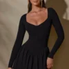 Long Sleeve Layered A-Line Mini Dress In Black