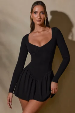Long Sleeve Layered A-Line Mini Dress In Black