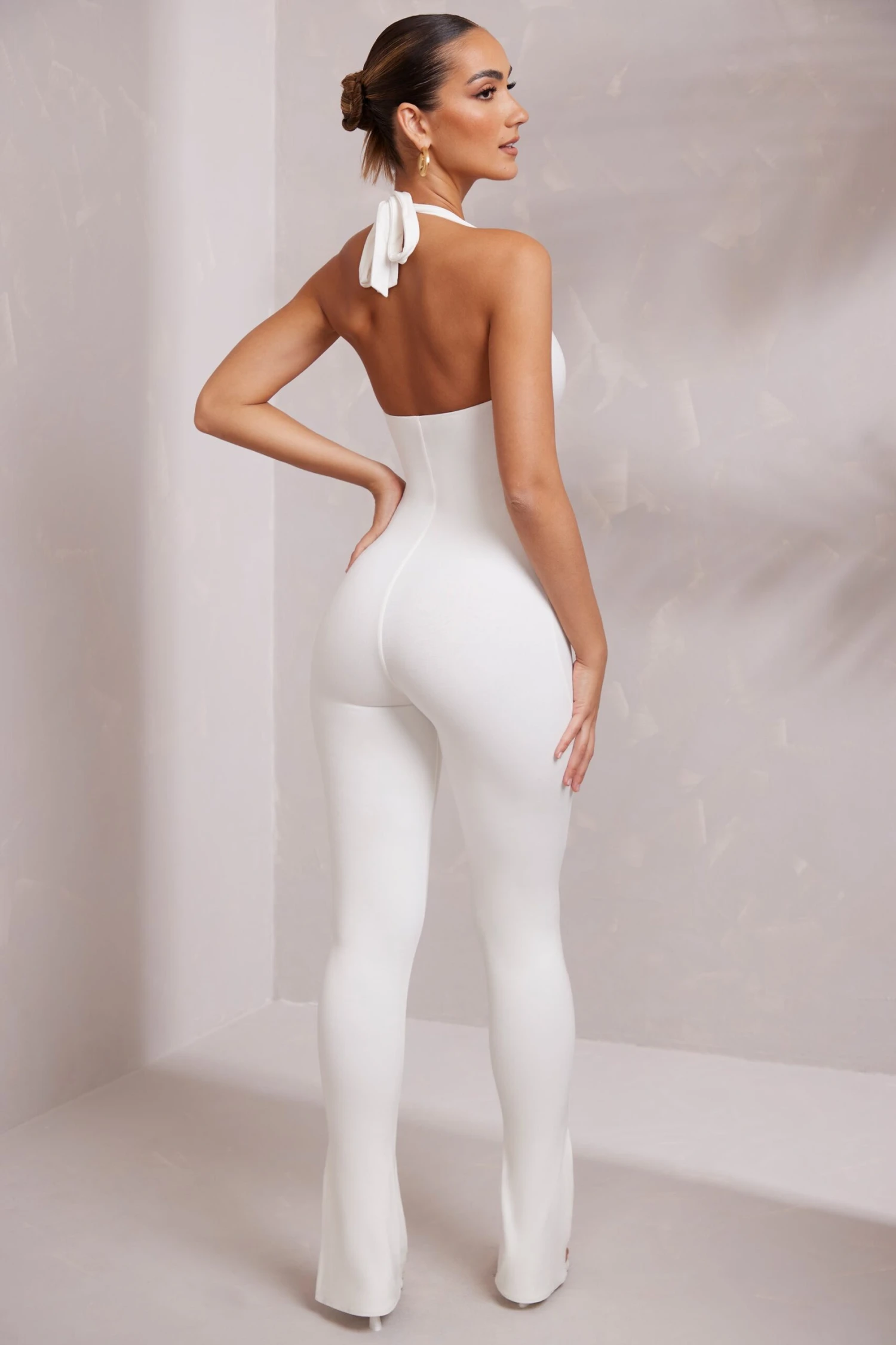 Halter Neck Plunge Jumpsuit In White - Image 5