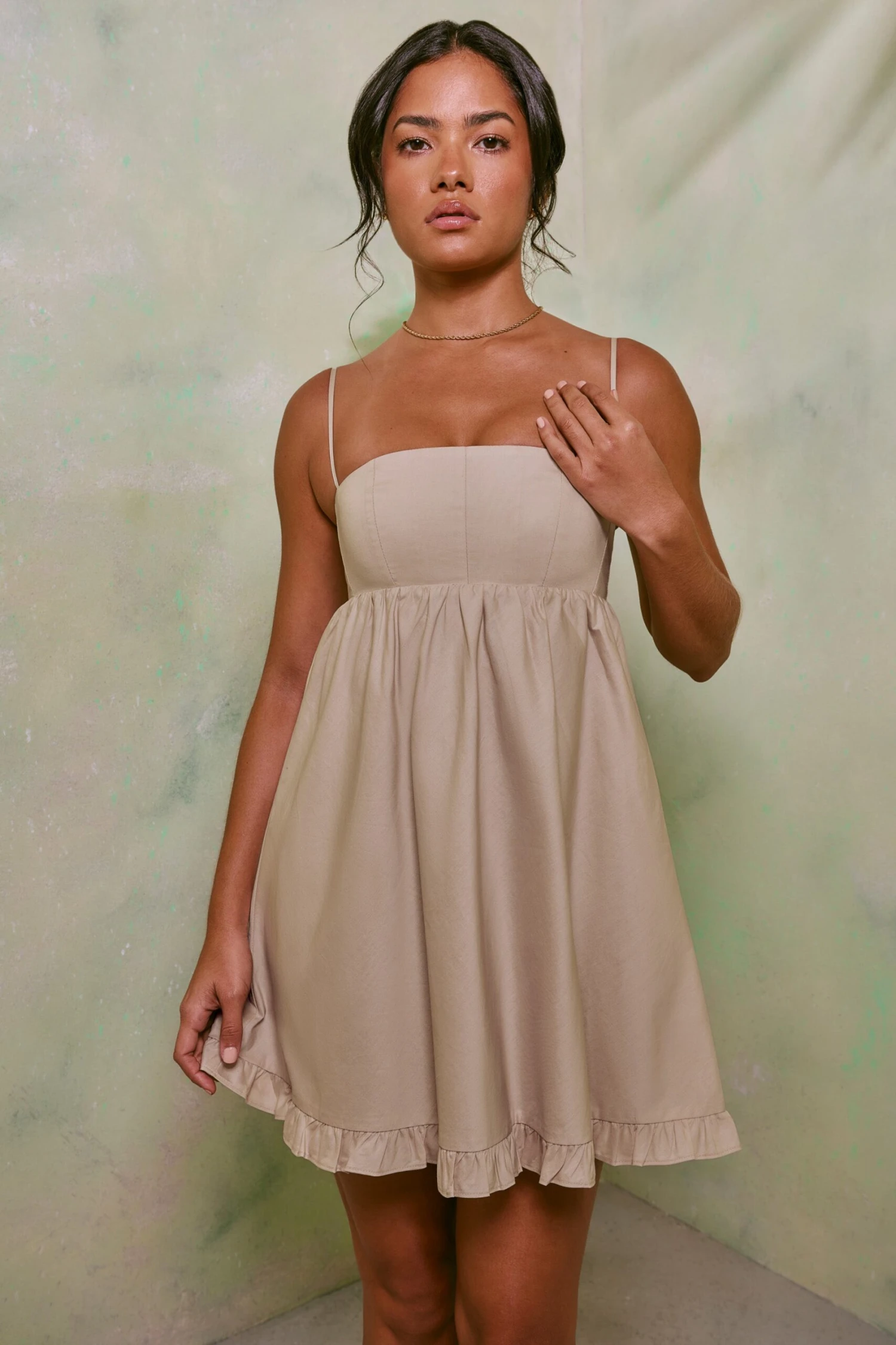 Empire Waist Cotton A-Line Mini Dress In Sand - Image 4