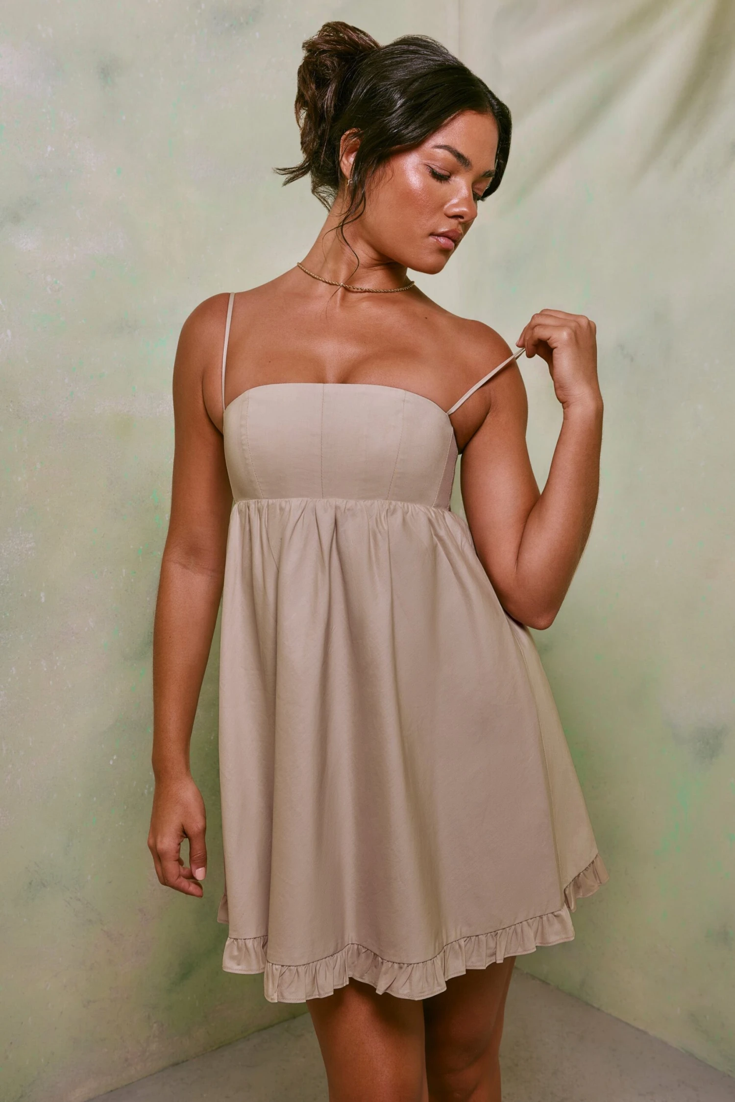 Empire Waist Cotton A-Line Mini Dress In Sand - Image 7