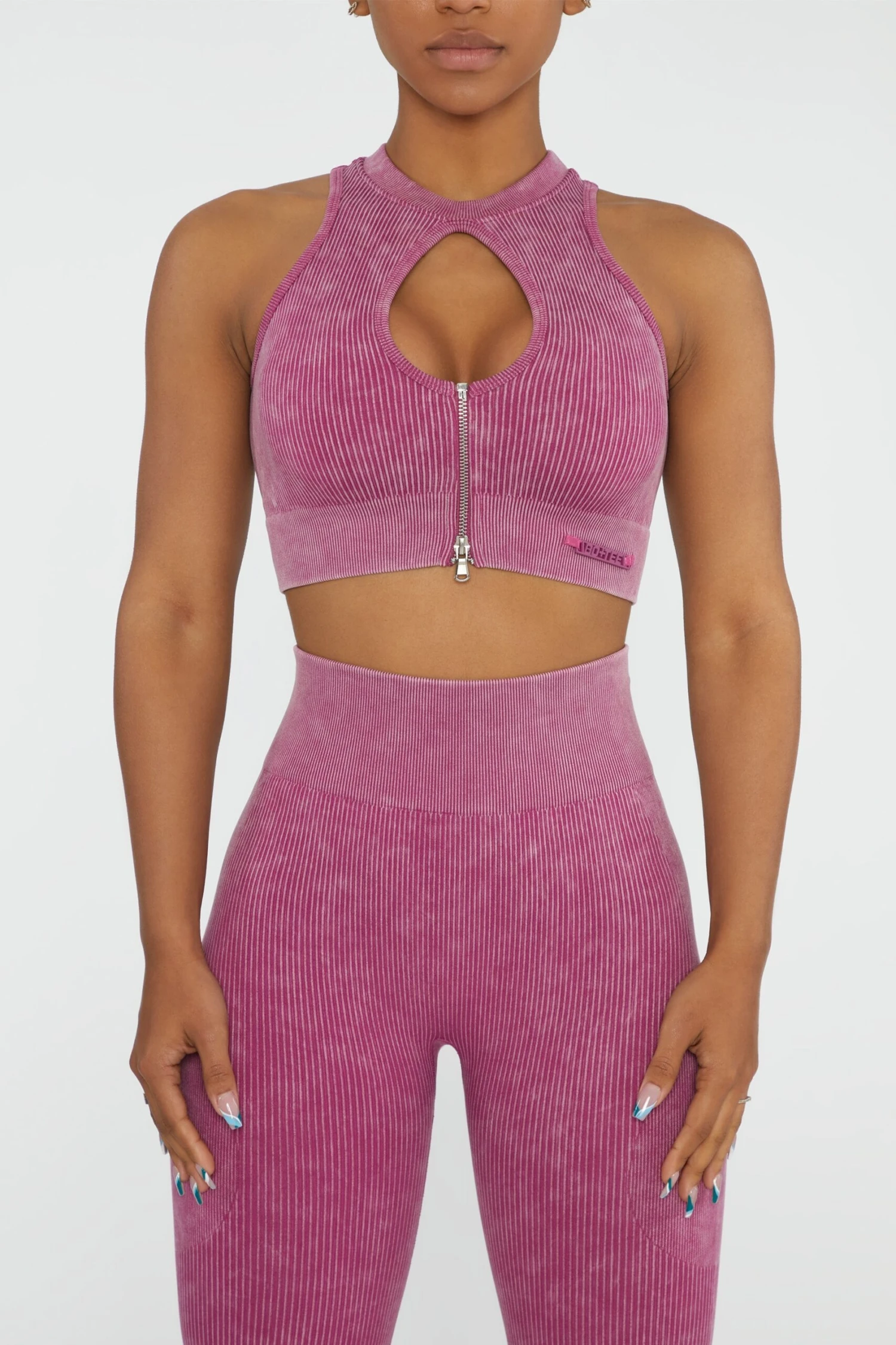 Keyhole Zip Crop Top In Dark Pink - Image 2