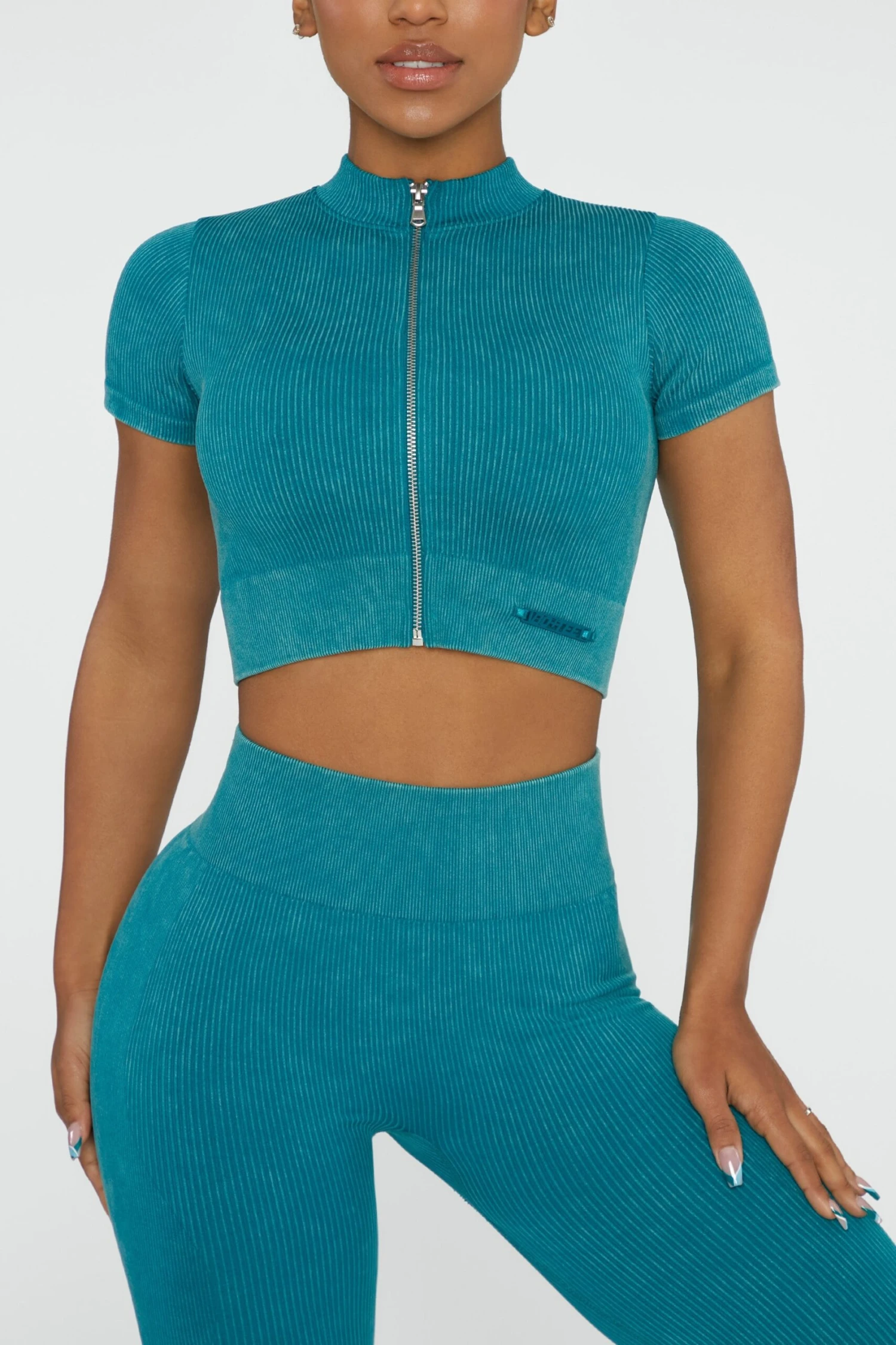 Short Sleeve Zip Crop Top In Teal - Image 7
