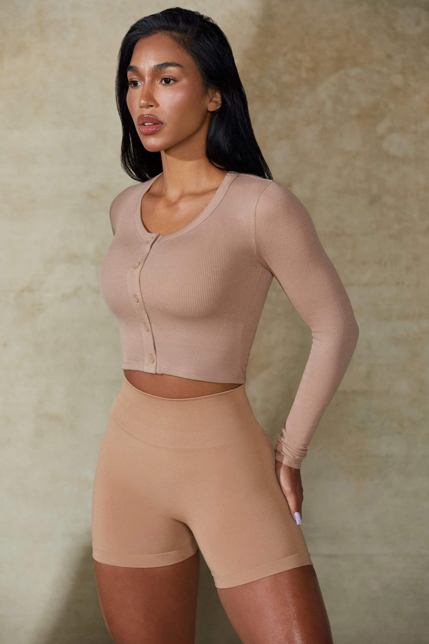 Cropped Rib Cardigan In Warm Taupe - Image 5