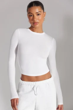 Soft Rib Long Sleeve Top In White
