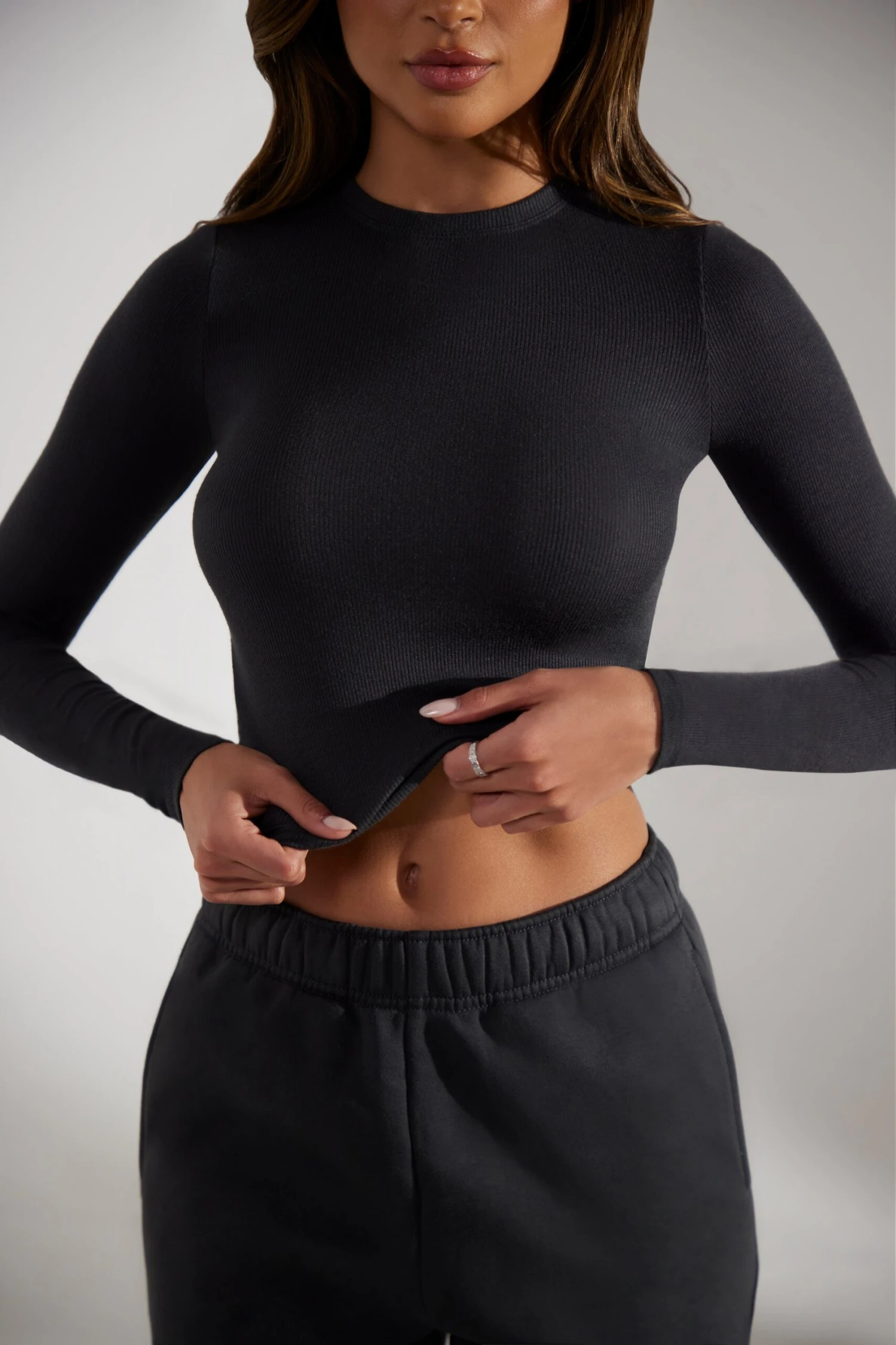 Soft Rib Long Sleeve Top In Washed Black - Image 4