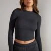 Soft Rib Long Sleeve Top In Washed Black