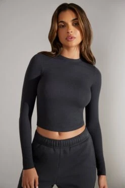 Soft Rib Long Sleeve Top In Washed Black