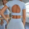 Seamless Backless Crop Top In Blue