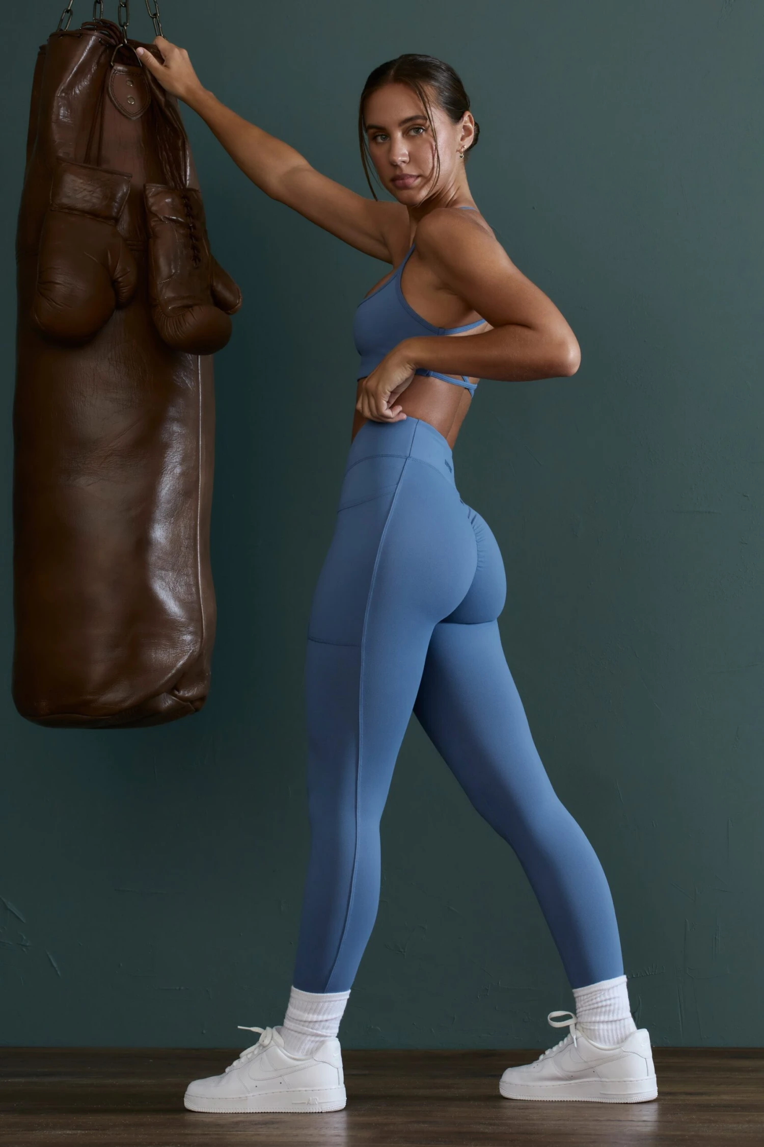 High Waist Wrap Over Leggings In Blue - Image 6