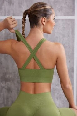 Plunge Neck Sports Bra In Olive