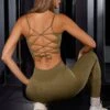 Open Back Plunge Neck Sports Bra In Olive