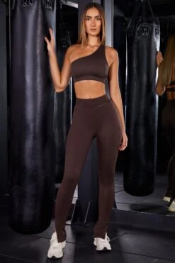 High Waist Split Flare Ribbed Leggings In Brown