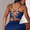Open Back Square Neck Sports Bra In Navy