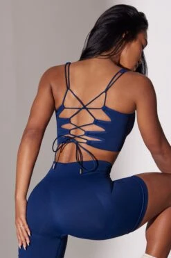 Open Back Square Neck Sports Bra In Navy