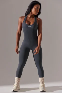 Full Length Cut Out Back Jumpsuit In Grey