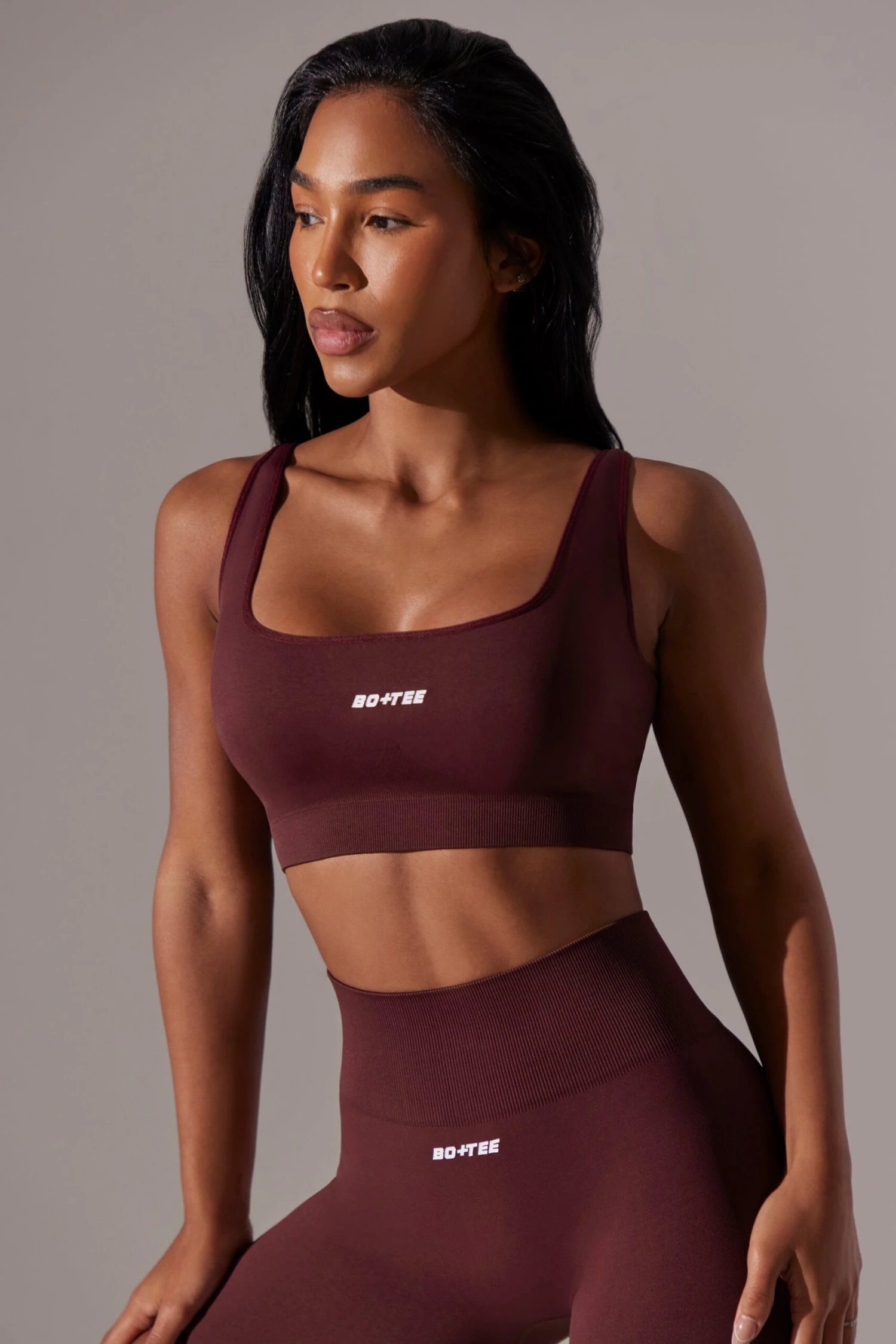 Open Back Square Neck Sports Bra In Burgundy - Image 2