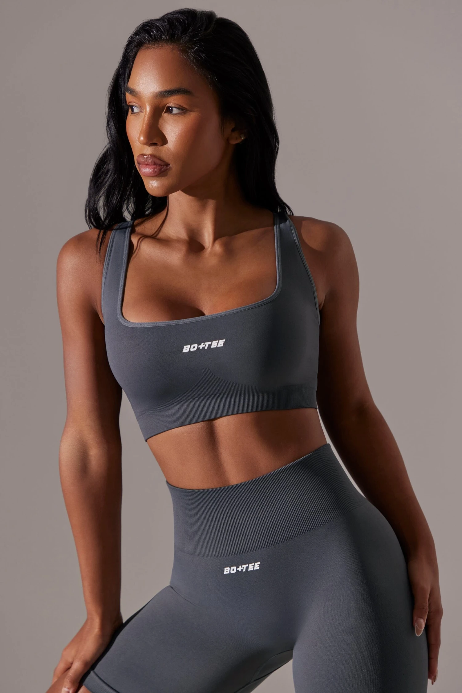 Open Back Square Neck Sports Bra In Grey - Image 7