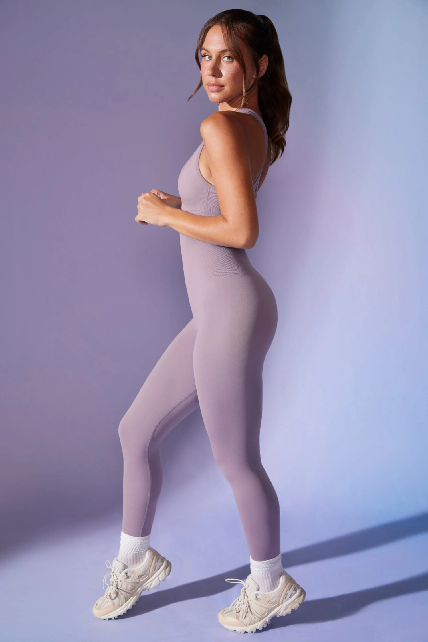 Open Back Define Luxe Unitard In Dusty Lilac - Image 3