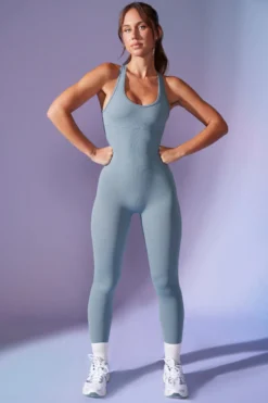 Open Back Define Luxe Unitard In Denim Blue