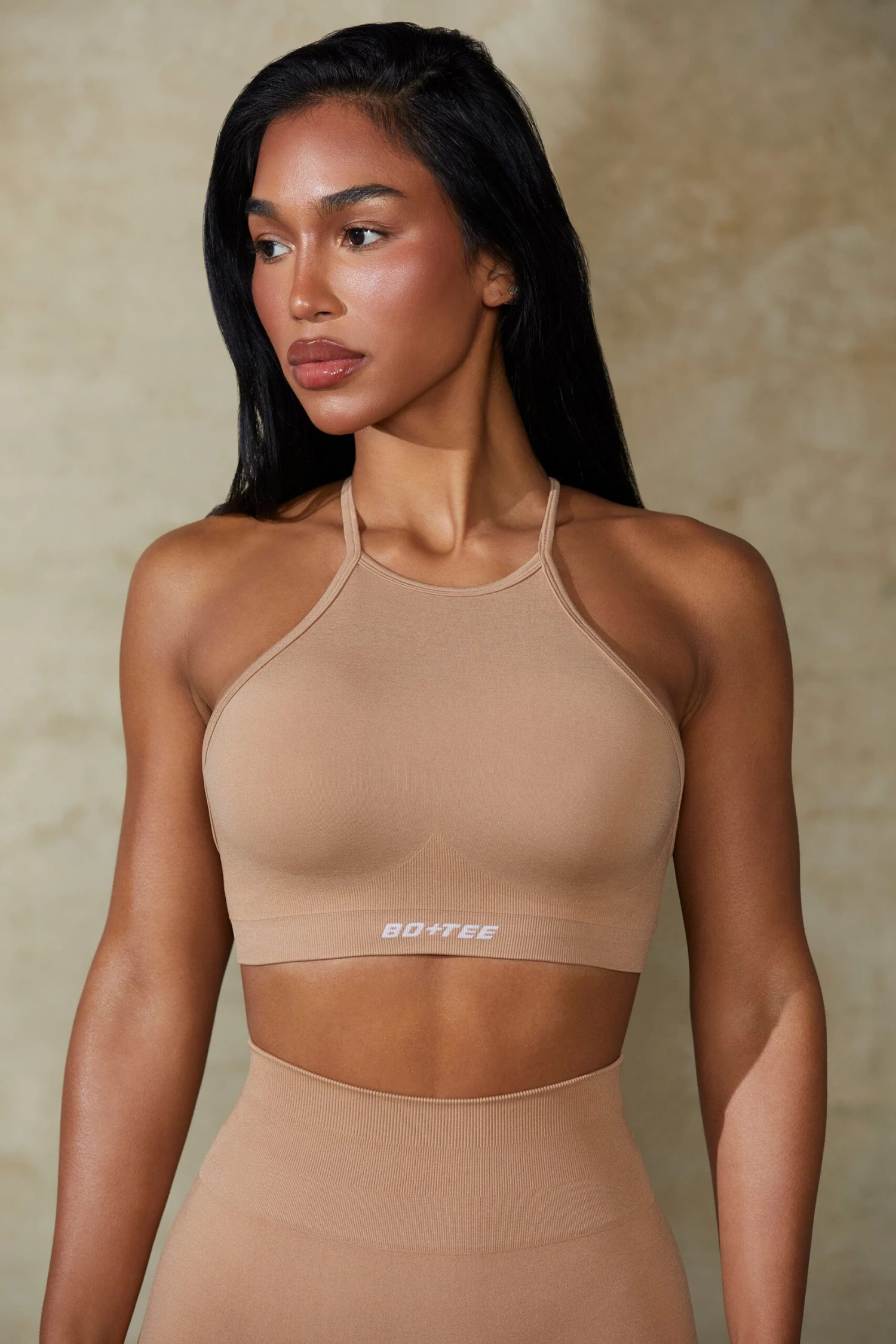 High Neck Open Back Define Luxe Sports Bra In Warm Taupe - Image 2
